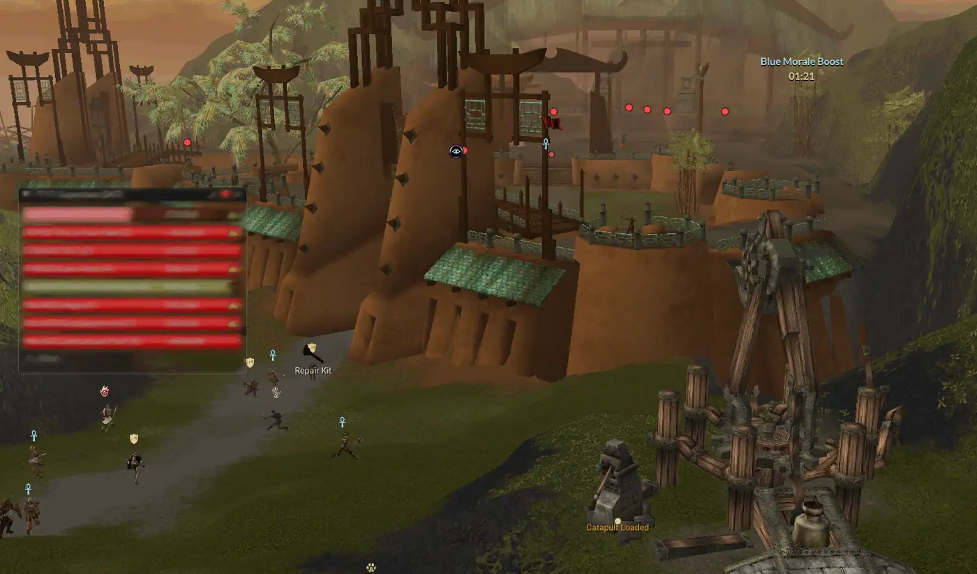 The Warrior's Isle catapult being repaired, loaded and fired