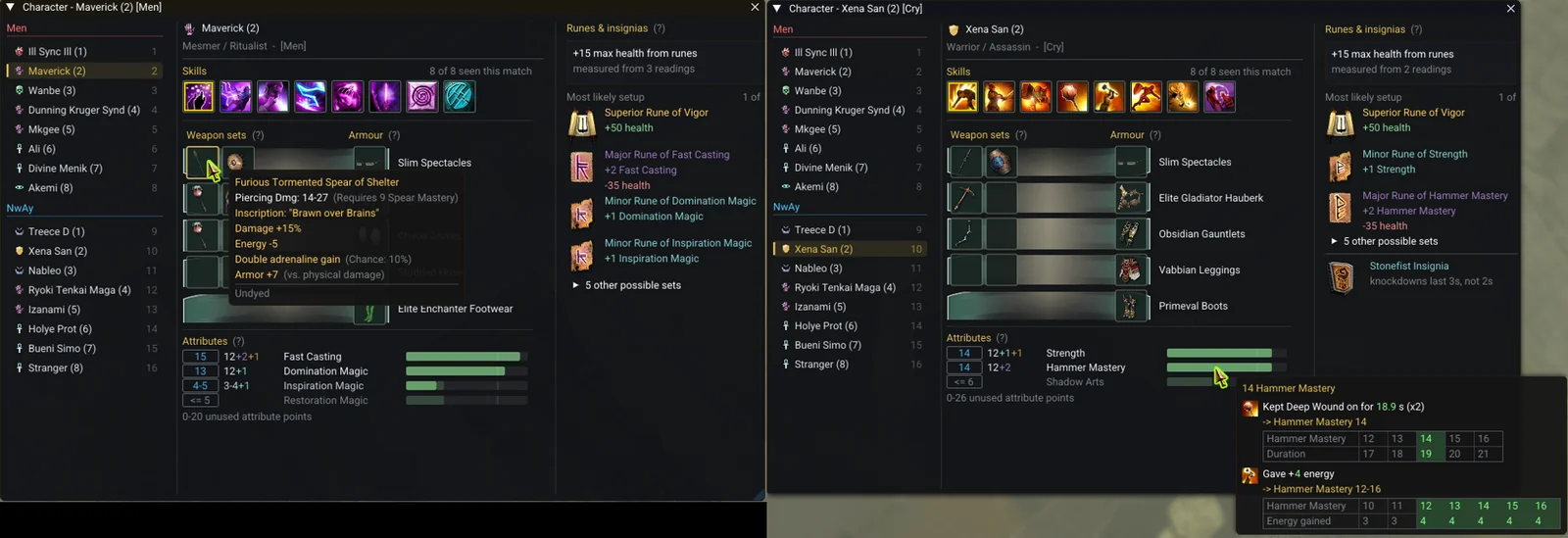 The Character panel showing a player's skill bar, weapon sets, armour and solved attributes