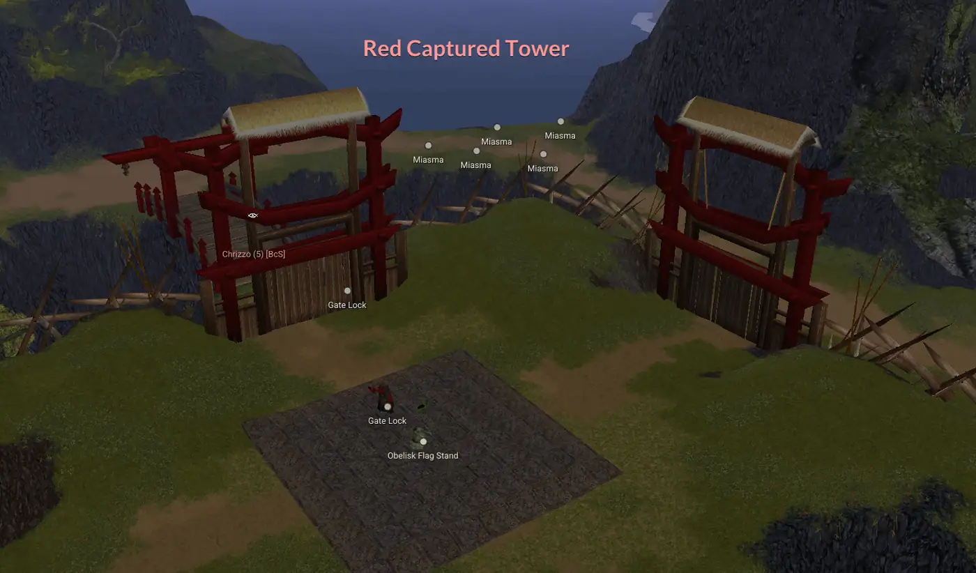 A guild hall gate opening after its lever is pulled