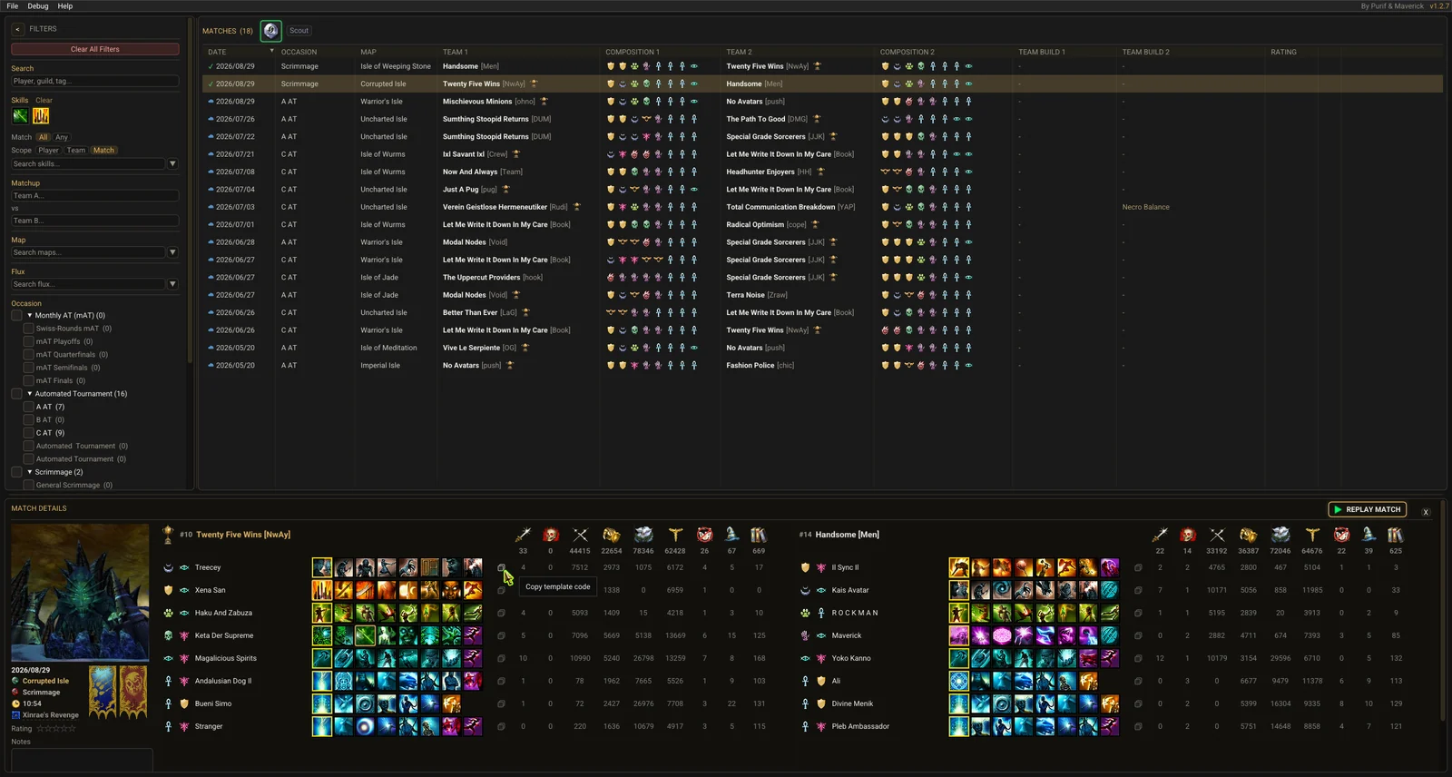 The replay browser with the skill filter and matchup filter both active