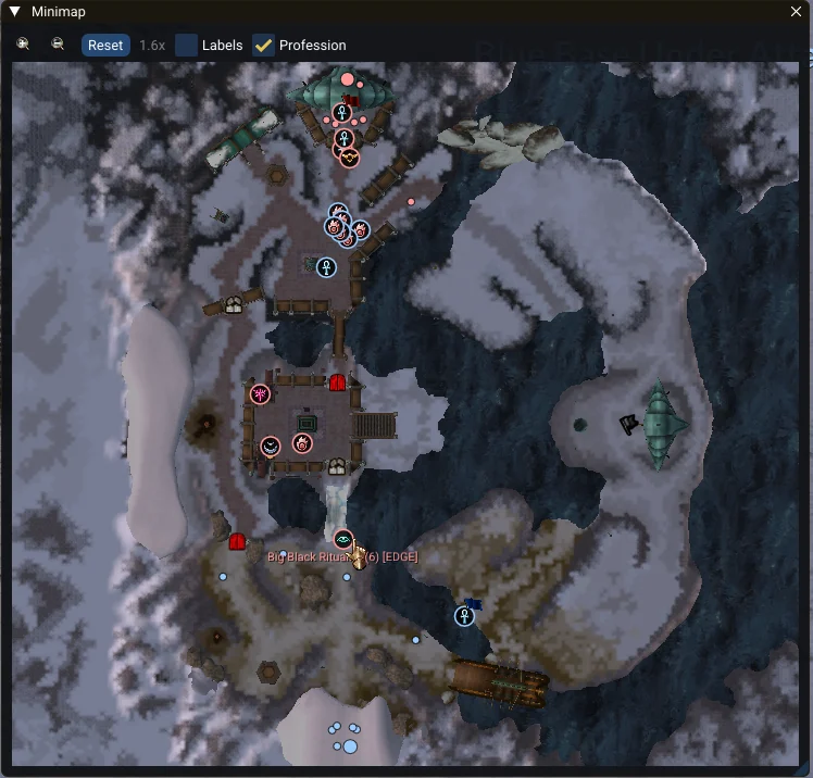 The minimap panel showing both teams, flag stand, shrine state and gate indicators