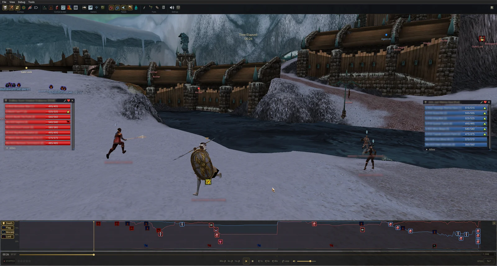 The GW Observer replay window in 2.0.0, with the ribbon toolbar pinned, absolute health on the party bars and weapons drawn on the models