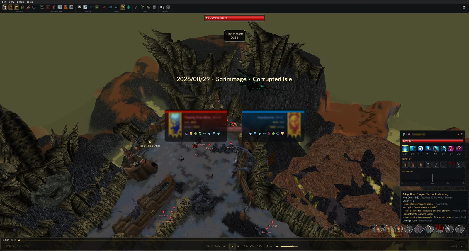 Weapon set plates in the bottom right of the replay window, with an item tooltip open