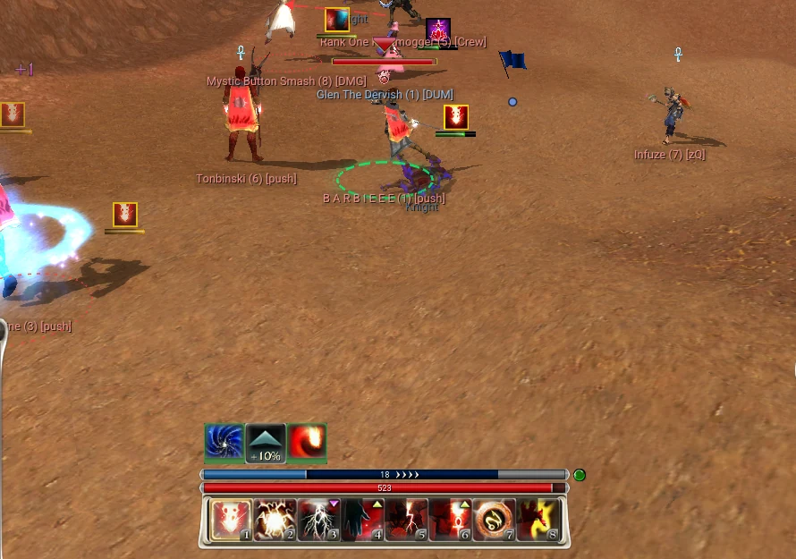 The followed player's effect bar, energy bar, health bar and skill bar, stacked as in game