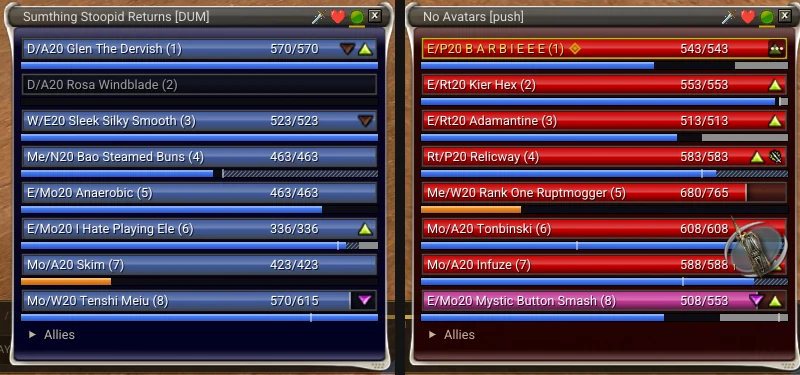 The reworked party windows with game-style health bars and energy strips