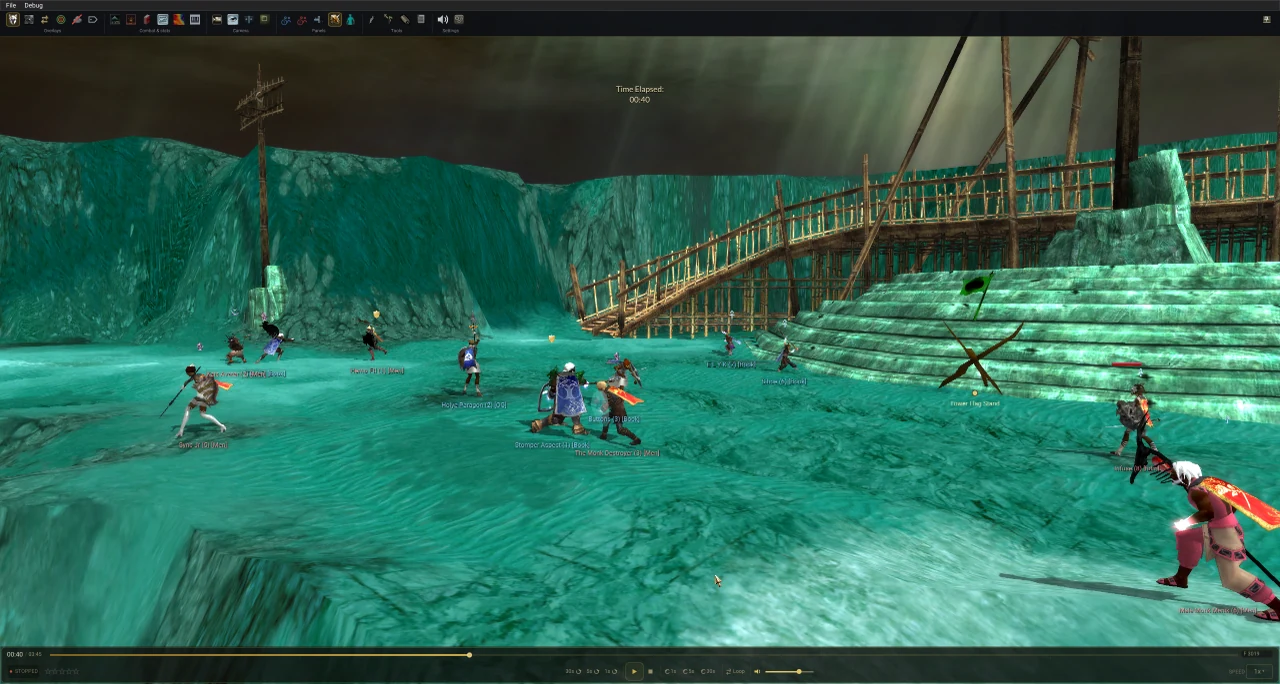 Recorded players in a replay, each wearing their own armour, dyes and guild cape