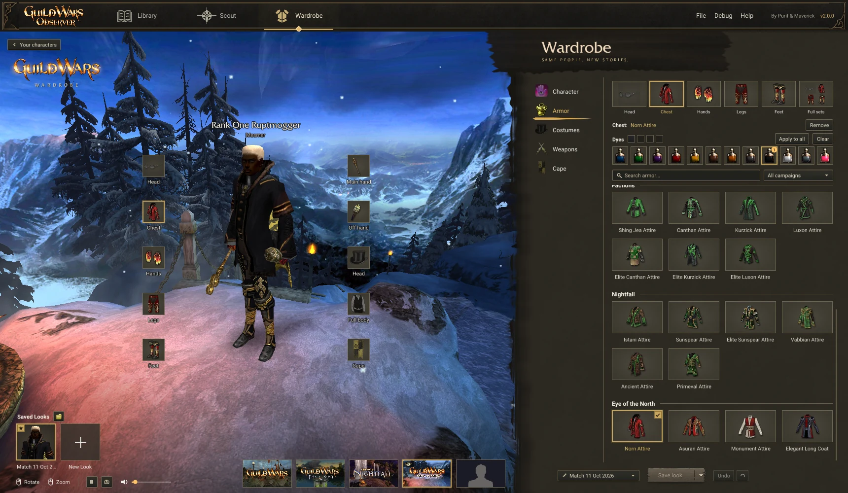 The Wardrobe armour gallery, grouped by campaign, with a dye for each slot